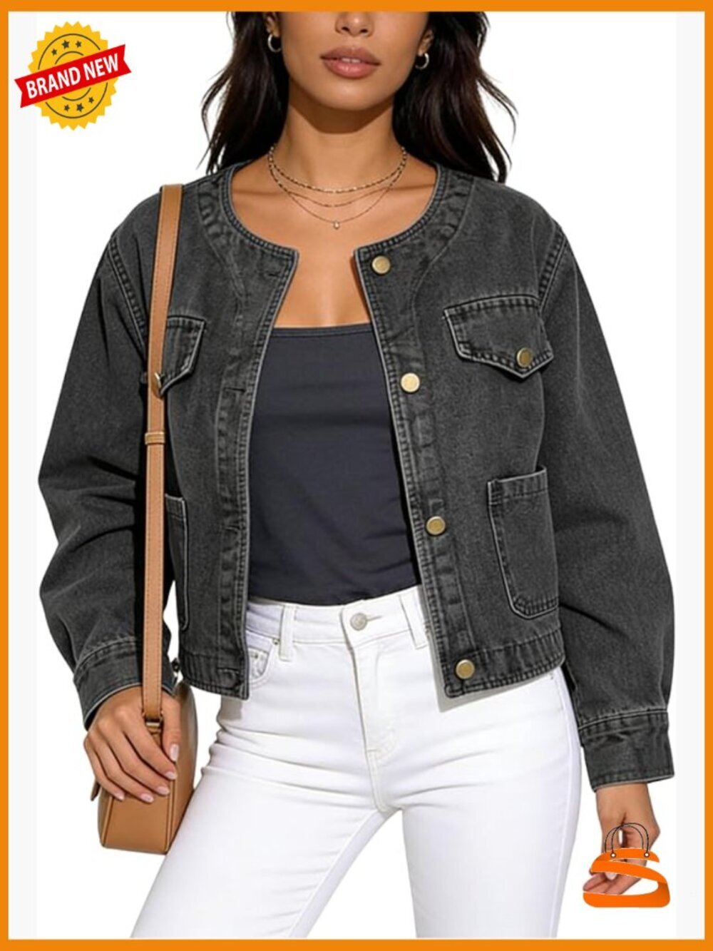Crop Jean Jacket Button Down Denim Jacket with Pockets